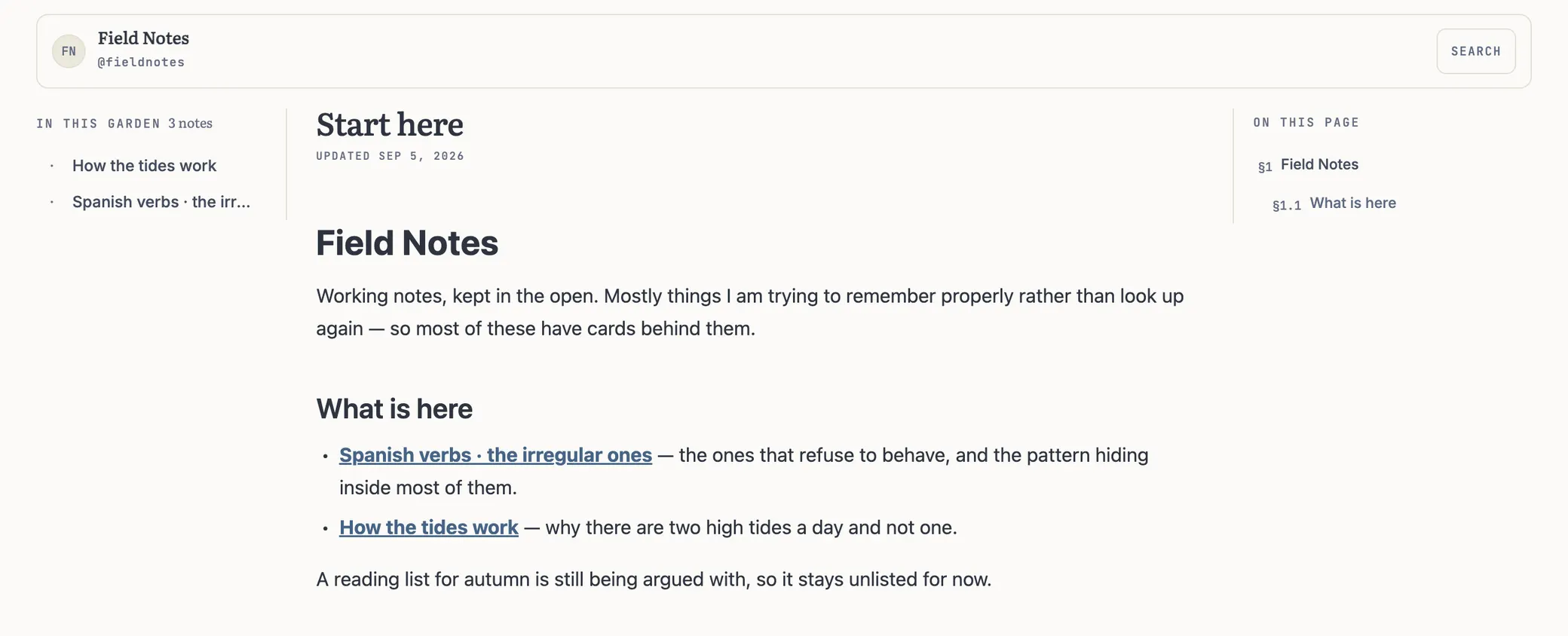 An author's published garden at their own address: Field Notes, @fieldnotes, with a front page headed Start here, a list of the other notes in the garden beside it, and the page's own sections listed on the right.
