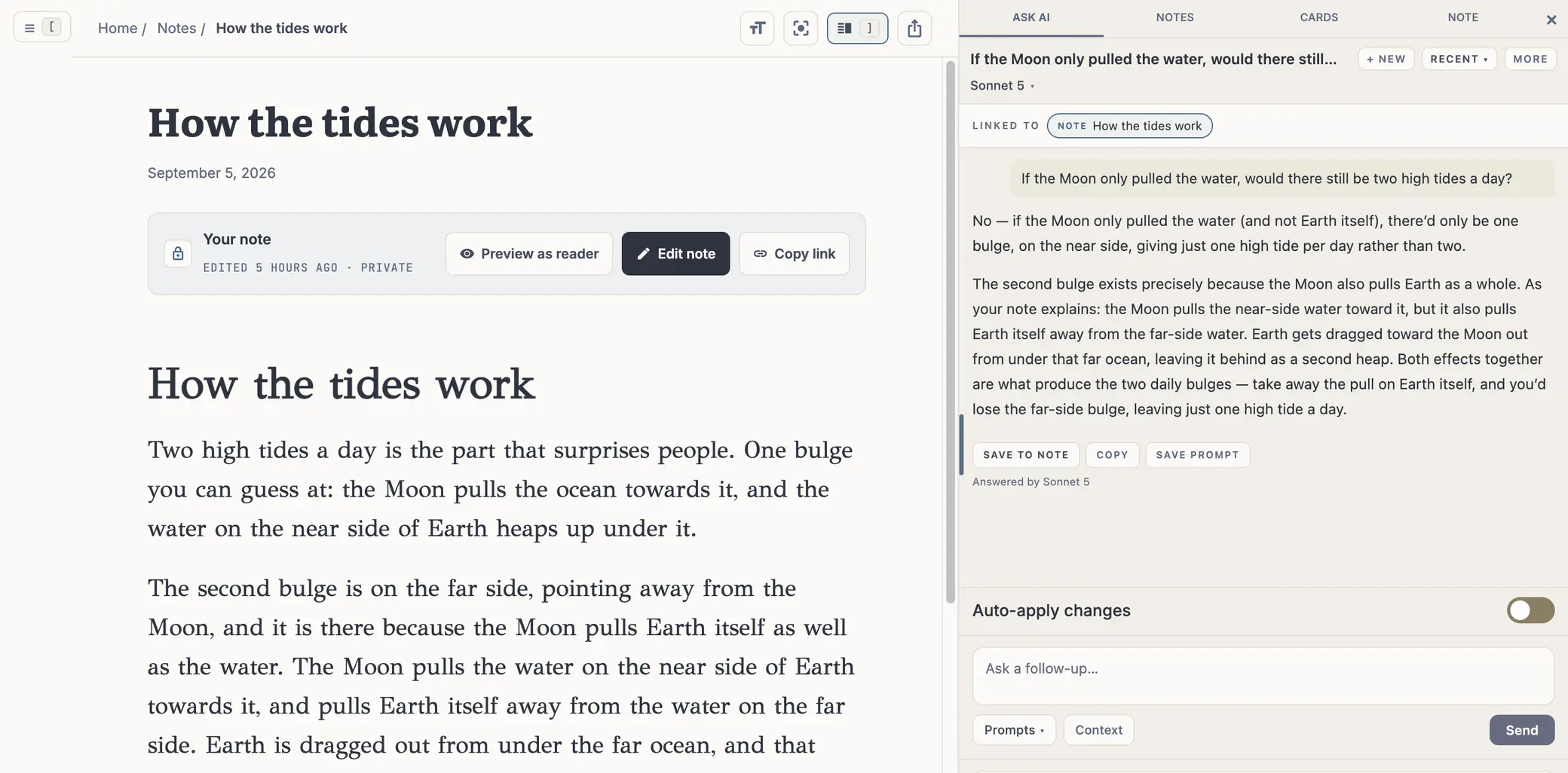 A note about the tides open on the left, and the Ask AI panel on the right linked to that same note. The question "If the Moon only pulled the water, would there still be two high tides a day?" is answered in two paragraphs that cite the note, saying "As your note explains", above Save to note, Copy and Save prompt, and the line "Answered by Sonnet 5".