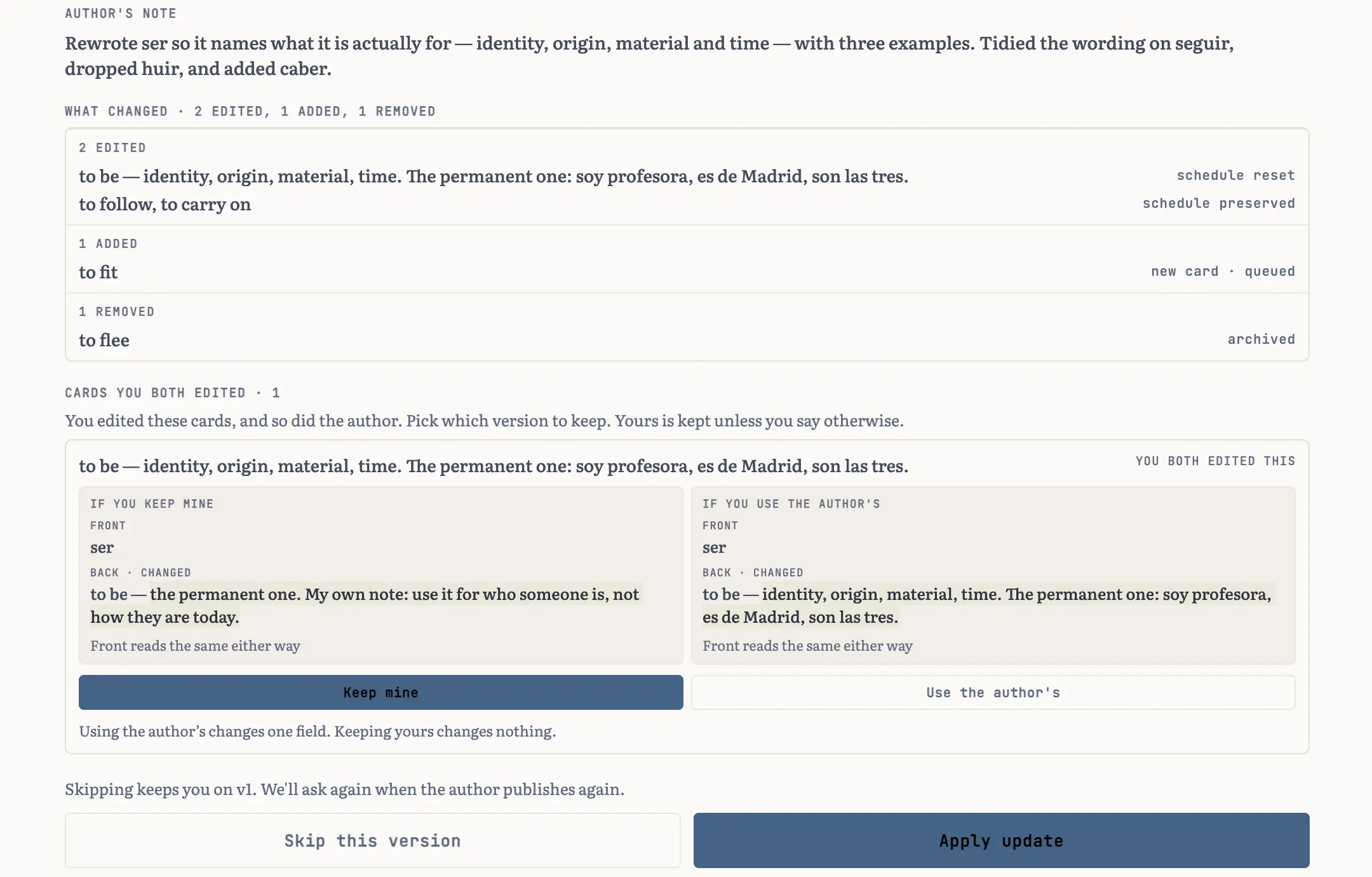 The update screen for a subscribed deck: the author's note, then What changed, with 2 edited, 1 added and 1 removed, marked schedule reset, schedule preserved, new card queued and archived. Below it, Cards you both edited shows one card in two panes, If you keep mine against If you use the author's, field by field, with Keep mine and Use the author's beneath them, above Skip this version and Apply update.